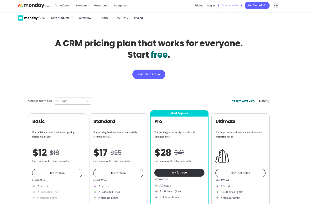 Monday CRM pricing page featuring Basic, Standard, Pro, and Ultimate plans, with the Pro plan highlighted as the most popular option.